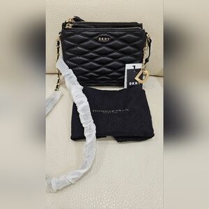 DKNY Lara Double Zip Black 100% Quilted Lamb Leather Crossbody Bag